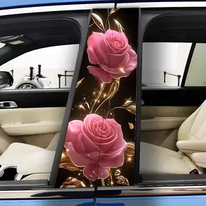 2Pcs Pink Rose Gold Butterfly Art Illustration Car B Pole Sticker, Sticker For Cars - Easy to Apply and Remove, Self-Adhesive Protective Sticker for Car Exterior, Purple Roses with Green Leaves, Glossy Surface, Car Exterior Decor
