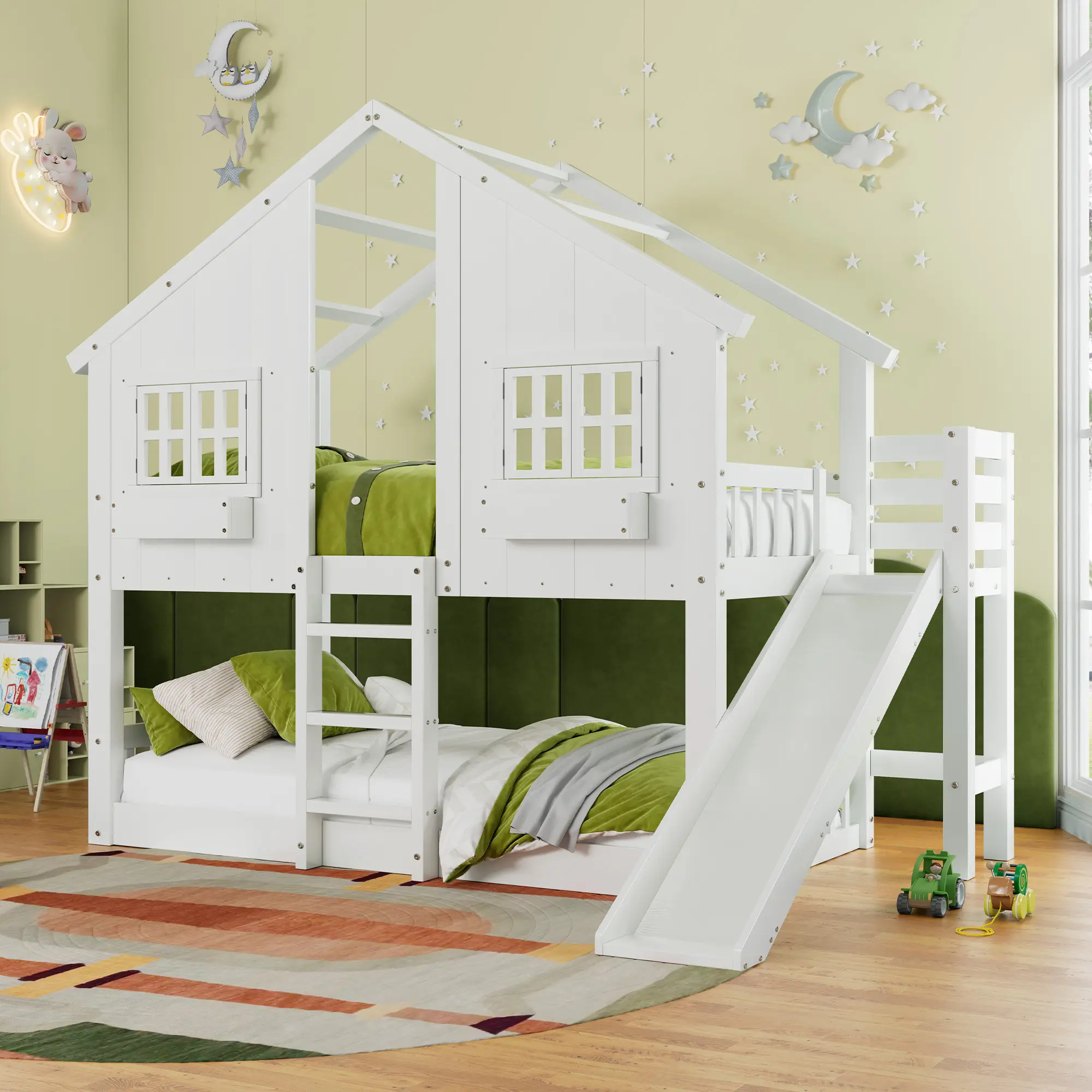 Amerlife Twin Over Twin Playhouse Bunk Bed with Solid Pine Frame, 14" Safety Guardrails, Easy-Climb Ladder, Slide, Window Box Storage Shelves, Cottage Look House Shape Design, Versatile Underbed Space for Mattress or Play