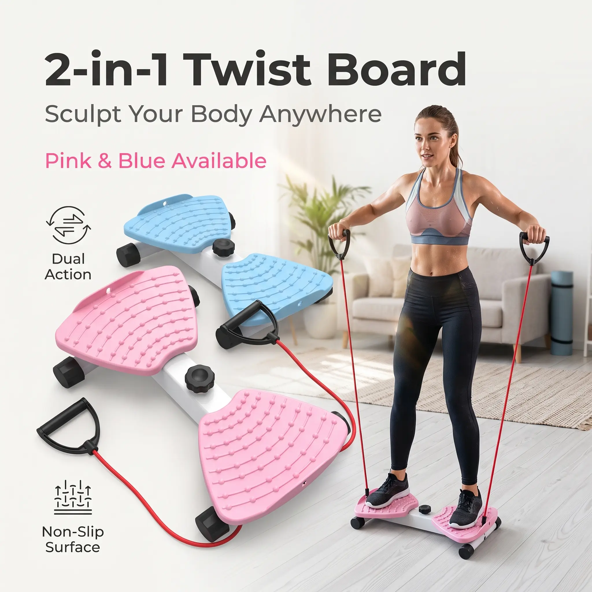 2-in-1 Twist Board with Resistance Bands, Portable Waist Leg Arm Workout Trainer, Non Slip Twist Exercise Machine Adjustable Intensity Full Body Fitness Equipment for Home Family Indoor Workout