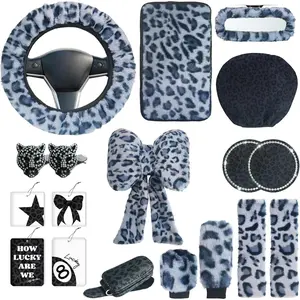 19 Pcs Fluffy Car Accessories Set,Fluffy Plush Leopard Print Steering Wheel Covers,Plush Head Pillow,Pillowcase,Eyeglasses Clip,Car Accessories for Women.(Black&Grey)