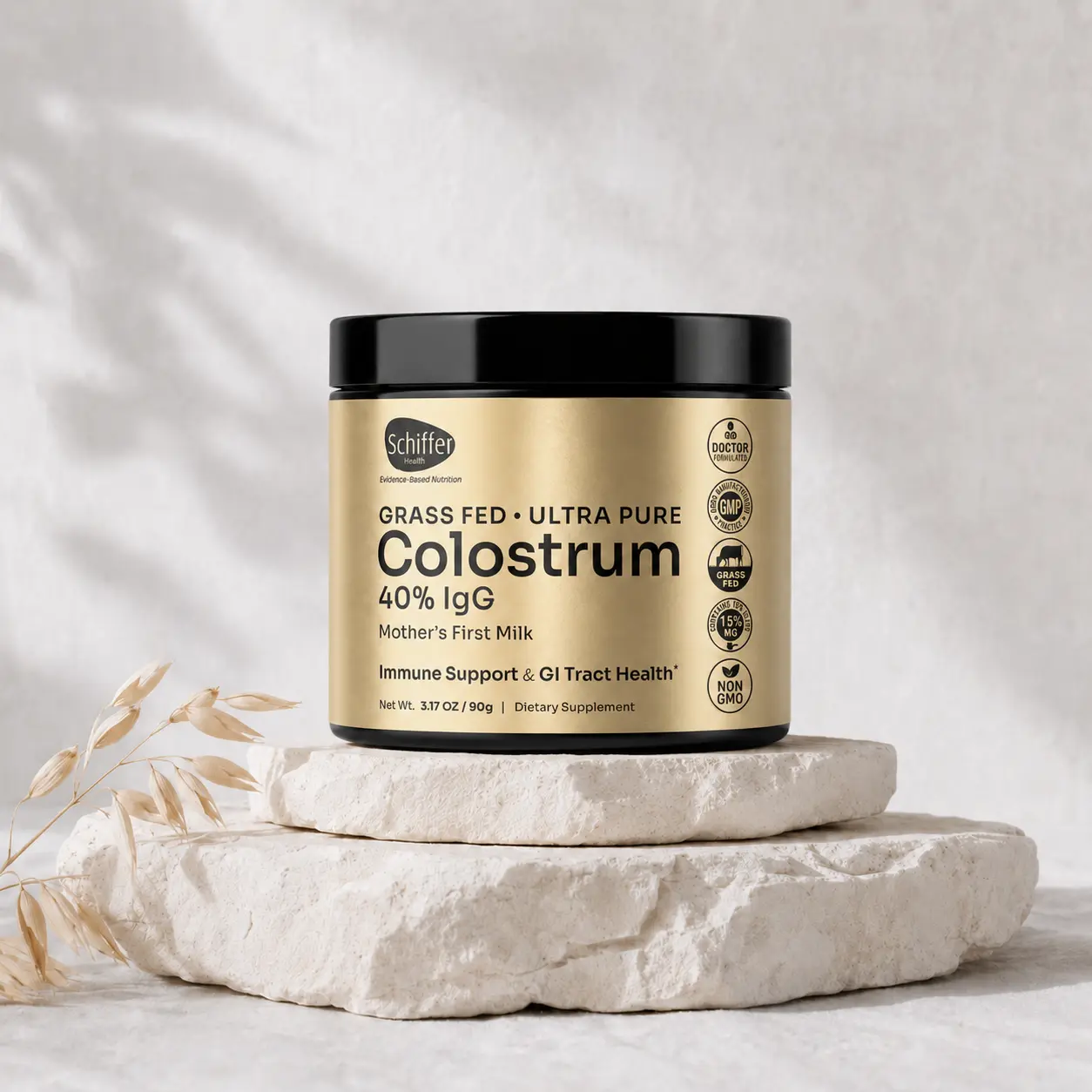 Schiffer Colostrum Supplement, Pure Grass Fed Bovine Colostrum Powder for Gut Health, Immune Healthcare Wellness 40% IgG Unflavored Edible 60 Servings