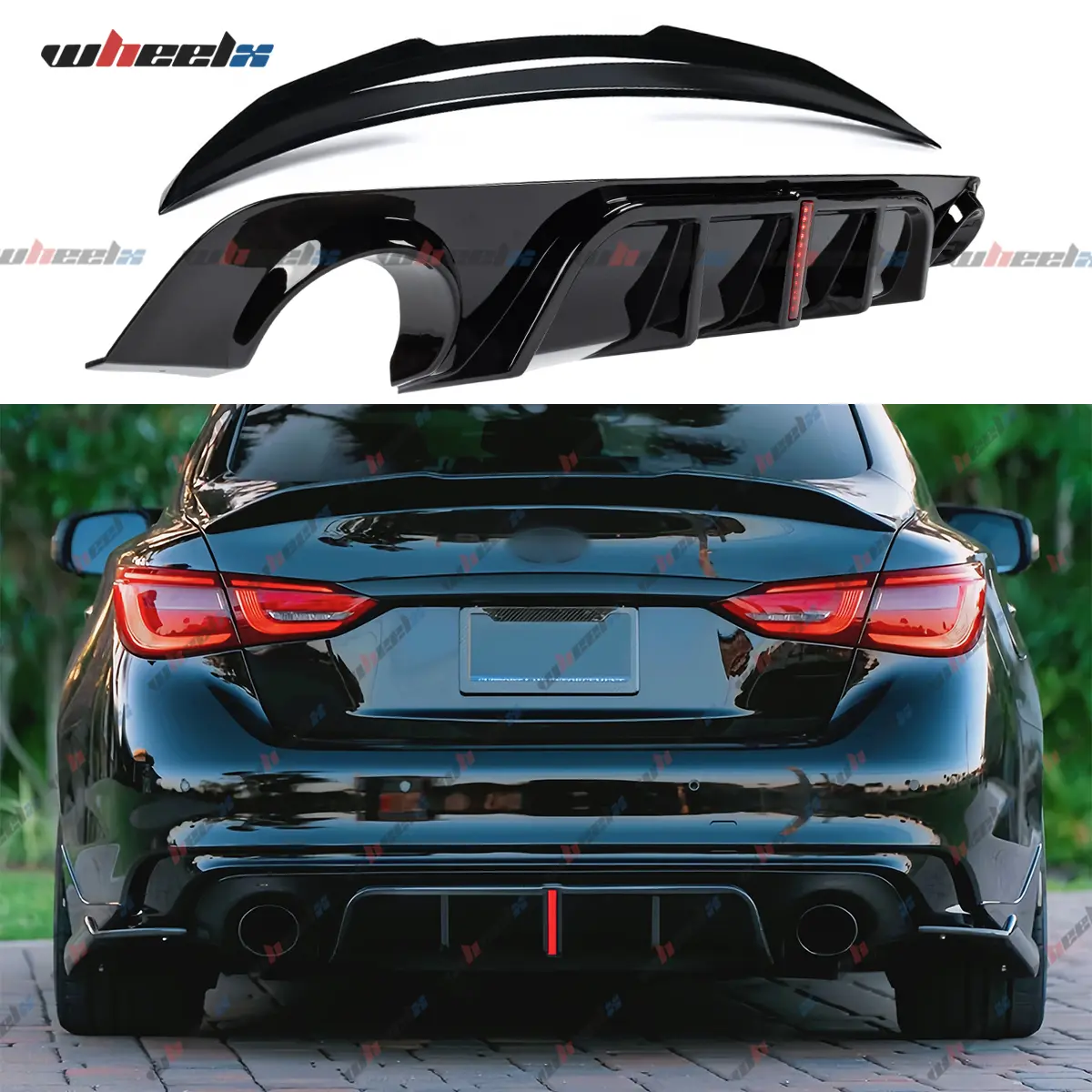 2018-2024 Infiniti Q50 Rear Bumper Diffuser, LED Brake Light & Spoiler Combo Kit, Glossy Black ABS Plastic Material, Vortex Shark Fins Design
