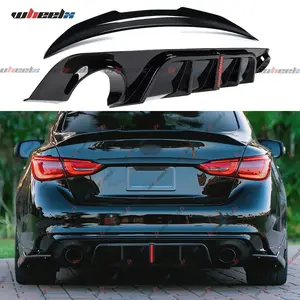 Infiniti Q50 2018-2024 Rear Bumper Diffuser LED Brake Light & Spoiler Combo Kit Glossy Black ABS Plastic Vortex Shark Fins Design