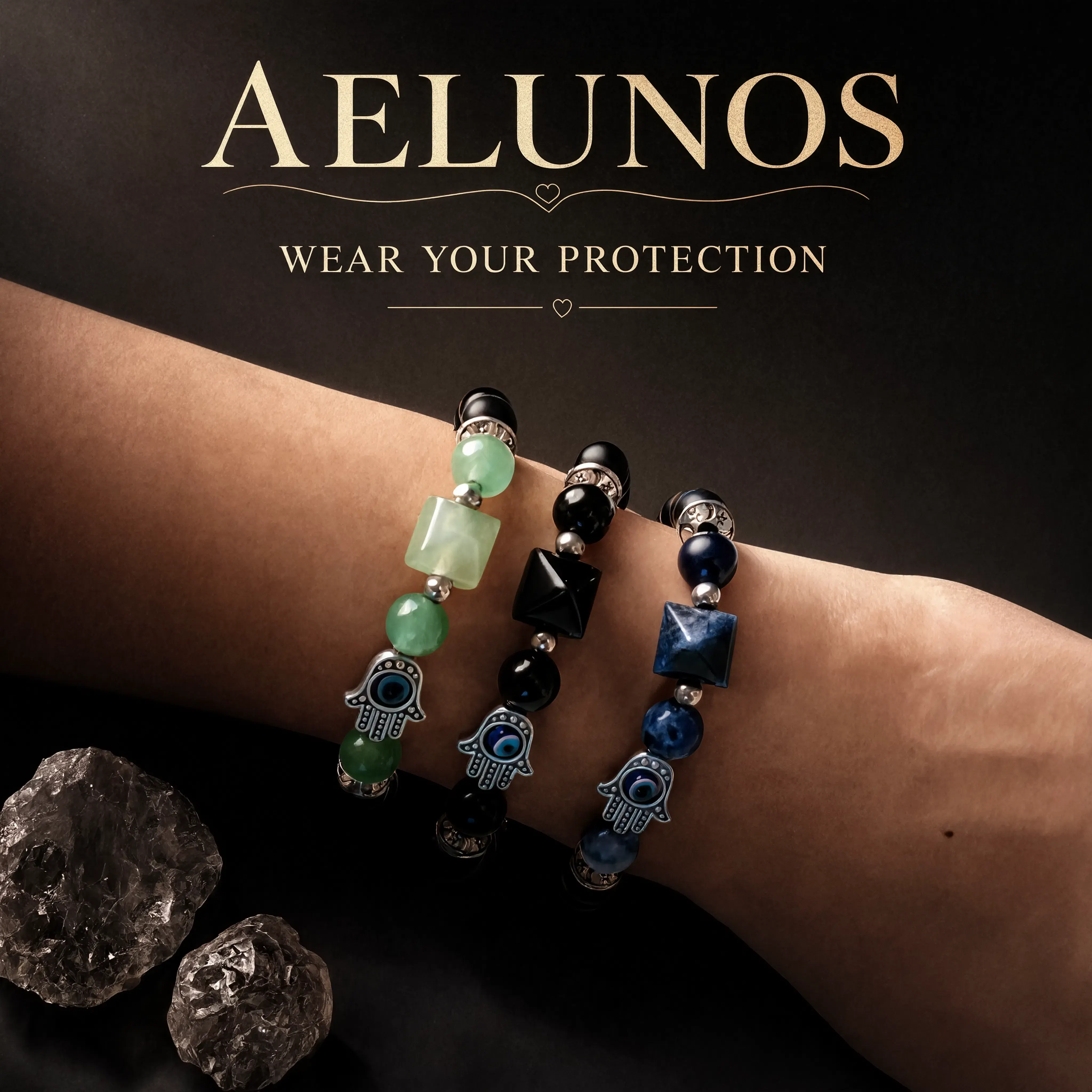AELUNOS Beaded Khamsa Evil Eye Protection Talisman Bracelet for Men-Women, Matte Black Onyx with Green Aventurine-Sodalite-Obsidian, Daily Wear Jewelry, Birthday-Anniversary Gift