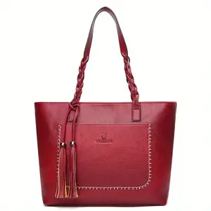 PU-leather Minimalist Women's Handbag Red Shoulder Bag with Tassel Decoration Large Capacity Tote Bag 43x30x12cm Fixed Strap Zipper Closure