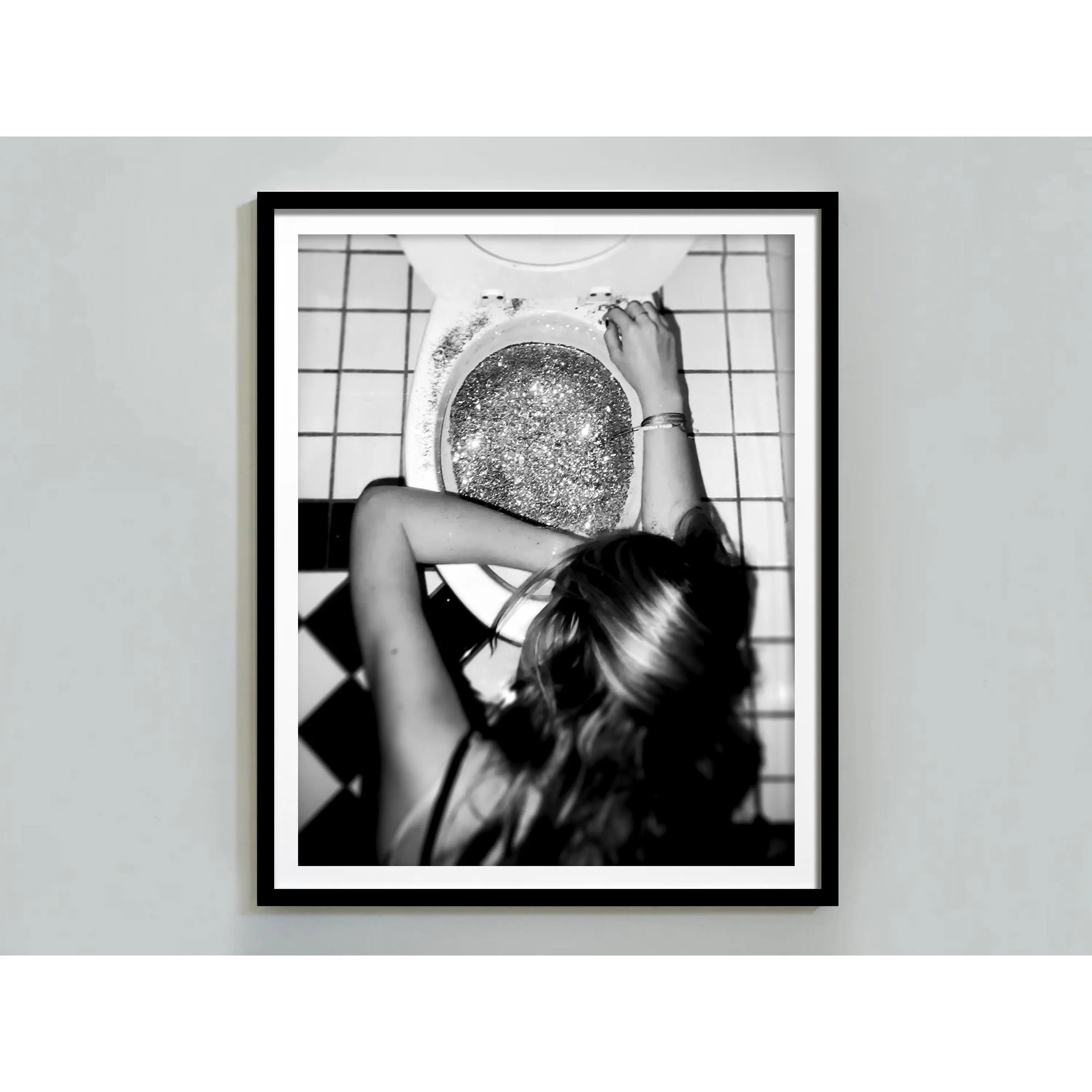 Dark Aesthetic Frameless Black and White Glitter Bathroom Wall Art, Unframed Funny Toilet Canvas Poster, Home Decor Gift for Mothers Day