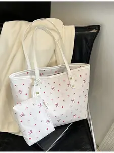 2 Piece Large Capacity Full Print Bowknot & Floral Pattern Decorated Double Handheld Handle Bags for Work Commuting Travel Classic Casual Business Style for Teen Girls College Students Office Ladies F Pu Tote Bag