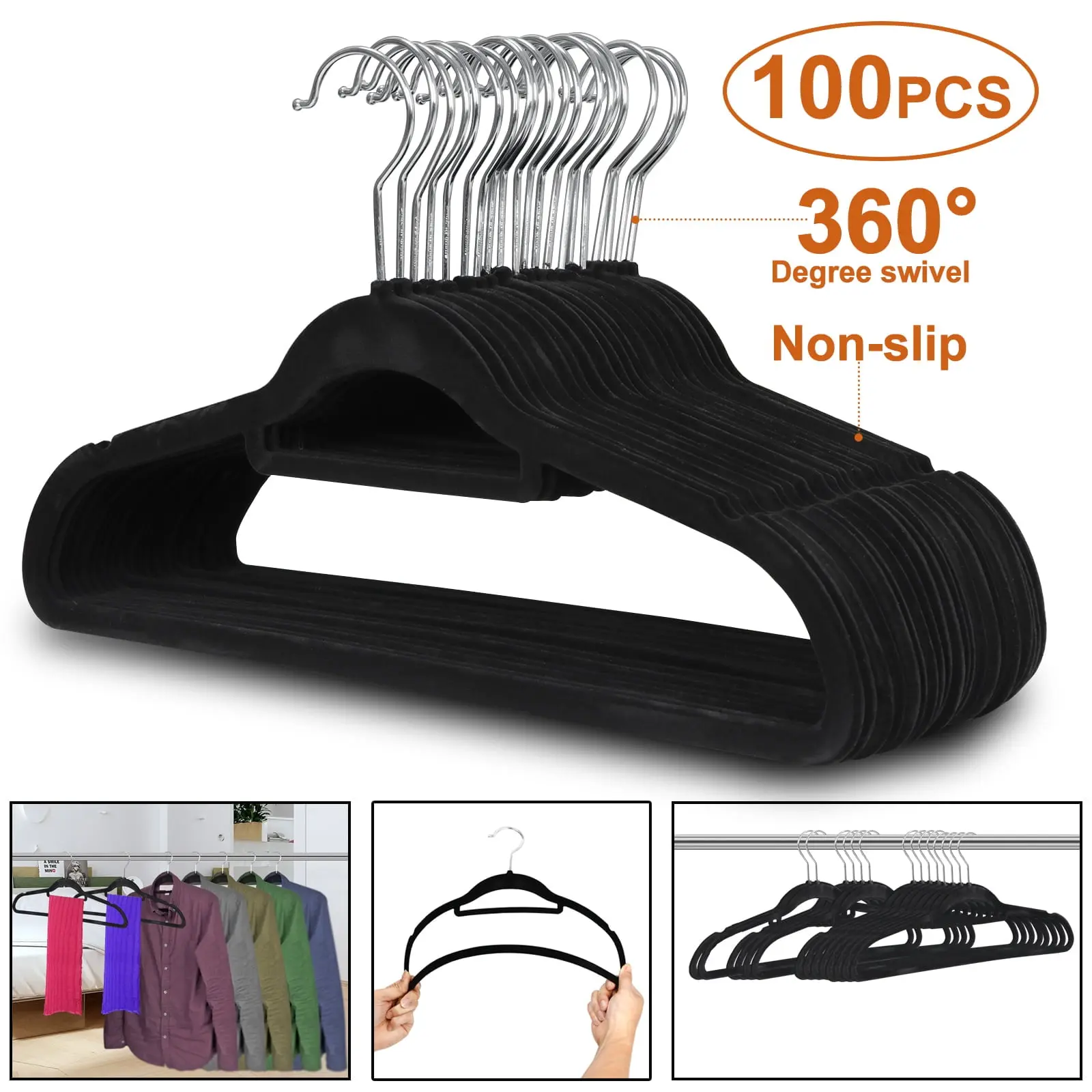SuperDeal 100-Pack Velvet Cover Contoured Multifunctional Clothes Hangers, Black Non-Slip Ultra-Thin Hangers with 360-Degree Swivel Rotatable Hook, Metal & Plastic Home Organizer, Multifunctional Clothes Hanger,back to school,back to school haul