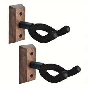 Guitar Wall Mount 1 Pack, Guitar Wall Hangers with Rotatable Soft Guitar Hook for All Size Guitars, Hardwood U-Shaped Guitar Holder for Acoustic Guitar, Bass, Easy to Install, Black Walnut