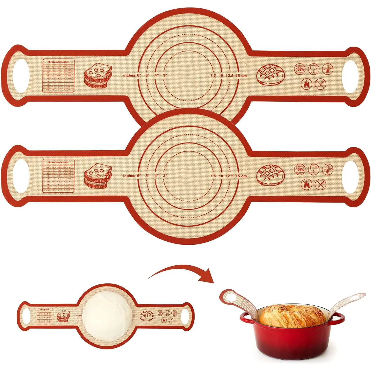 QUSEVOO 2-Set Double-Thickness Silicone Sourdough Bread Sling Bakeware, Circle Long-Handled Dutch Oven Baking Tools, Nonstick Heat-Resistant Reusable Loaf Pan Lifting & Transfer Utensils with Even Heat Distribution