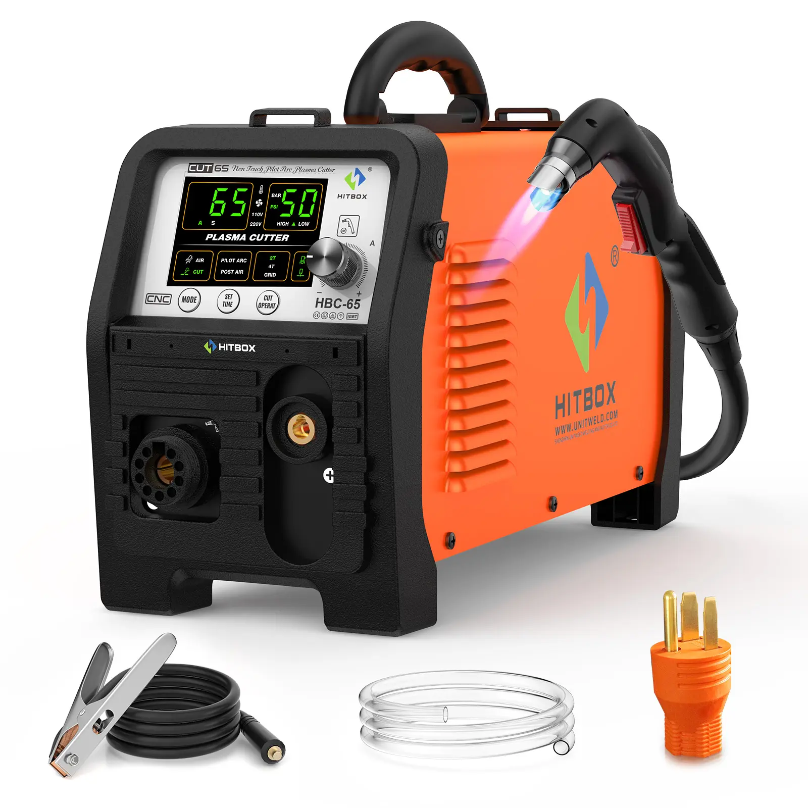HITBOX HBC65 Plasma Cutter Metal Cutting Tool - 65A Non-HF Pilot Arc Non-Touch Start, 110V/220V-120V/240V Dual Voltage IGBT Inverter, CNC Ready, LED Display Screen, 1/2" Clean Cut, 2T/4T & Post Flow Torch, 13.96 lbs, 2-Year Warranty, Powerful & Portable,,