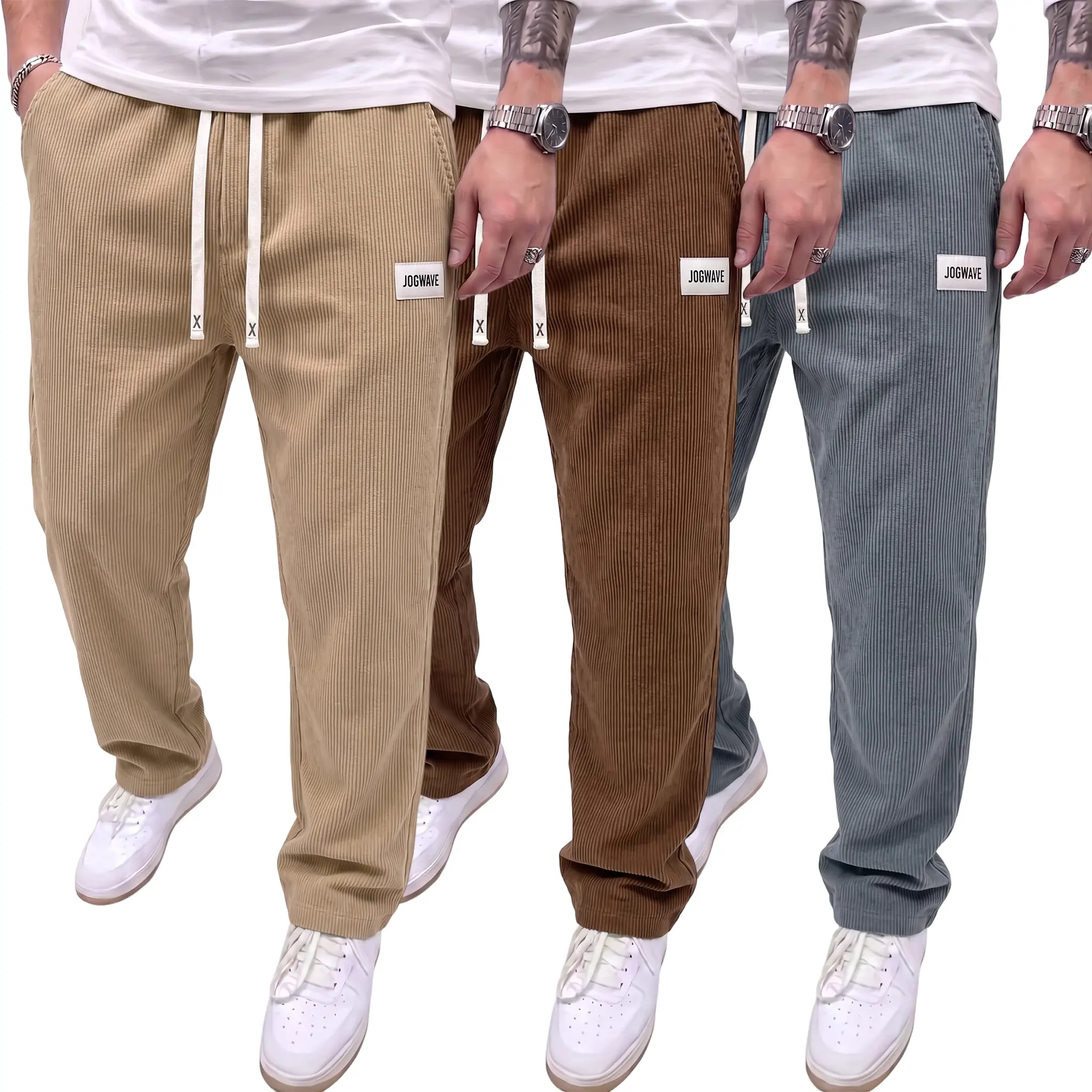 Men's Menswear 3-Pack Corduroy Trousers, Loose Straight Fit, Full Length, Side Pockets, Solid Color, Vintage Texture, Everyday Wear Outfit Set, Loose Fit, Solid Colors
