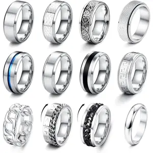 FLORIDECO 12 PCS Stainless Steel Fidget Ring for Women Men Rings Set Matching Rings for Couples Cool Spinner Ring Anxiety Ring for Women for Men Size 7-13 Daily