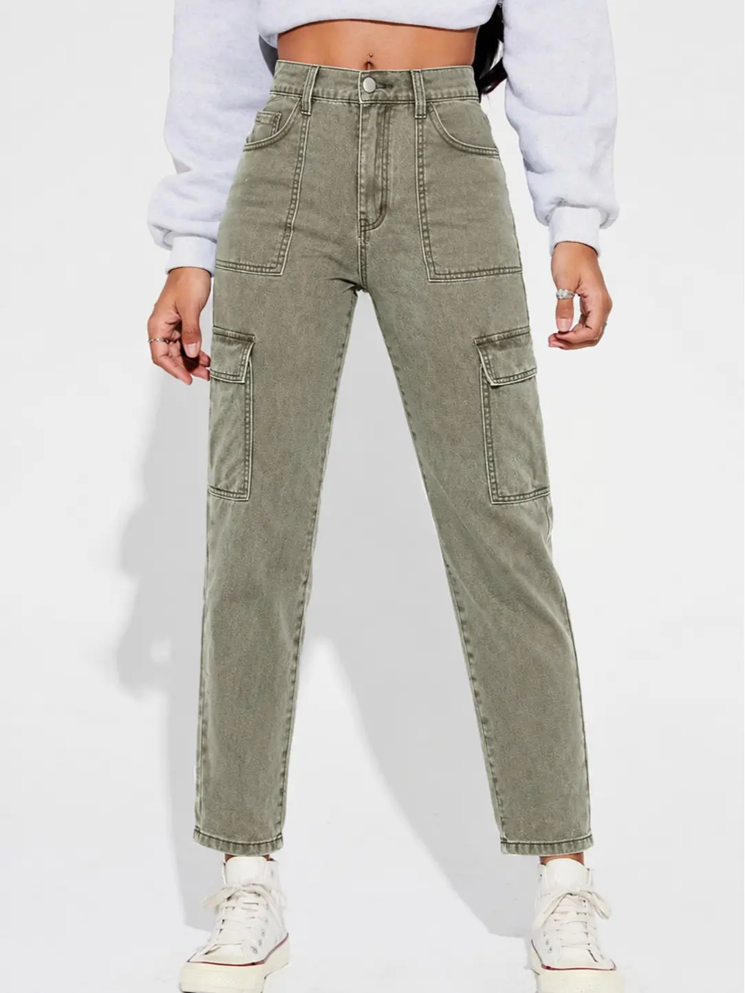 Women's Vintage Olive Green High-Waist Stretch Multi-Pocket Straight Ankle Cargo Jeans - Y2K Streetwear Utility Trousers for Womenswear