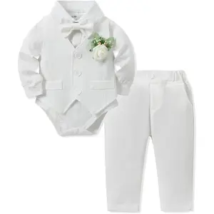 Baby Boy Clothing Set Baby Gentleman Suit Collared Shirt + Vest + Tie + Boutonniere + Pants 5-Piece Baby Set
