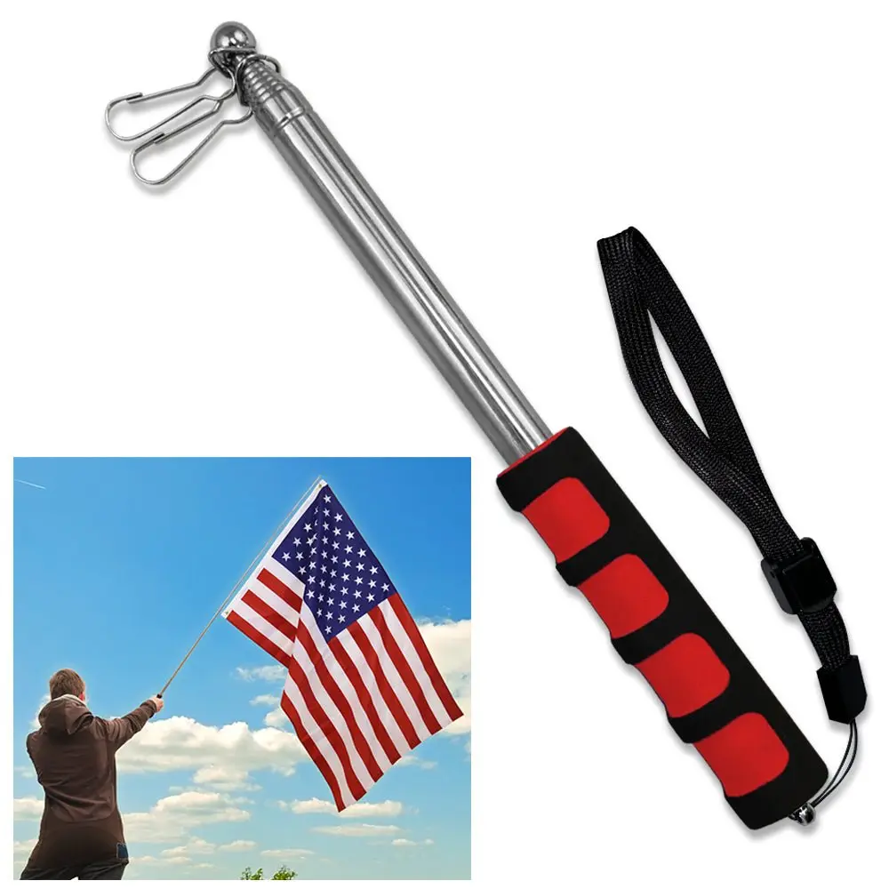 5ft Hand-Held Collapsible Flag Pole - Red Garden Decor with Clip, Wrist Strap, Soft Foam Handle, Lightweight (Under 1lb) for Flag Waving, Parade, Travel Use