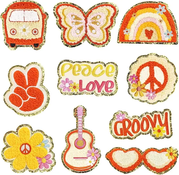 Patches - ️10Pcs Groovy Hippie Chenille Iron on Patches Cute Boho Retro Flower Sew on Embroidered Applique Patches for Hats Clothes Jeans Jackets Bags Backpacks Girl Repair Patch DIY Crafts