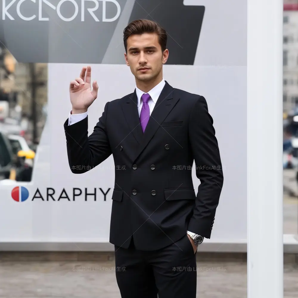 Men's 2-Piece Polyester Print Fabric Suit Set - Modern Double-Breasted, Solid Color, Long Sleeve, Wrinkle-Free, Lightweight, Paisley Accent, Includes Tie, Ready-to-Wear, Adult Style - Ideal for Weddings, Job Interviews
