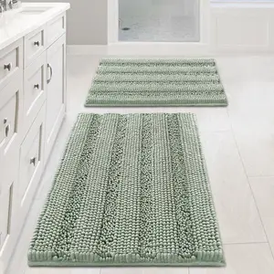 Sage Chenille Bathroom Rugs Set of 2 - Extra Thick Non Skid Striped Mat for Bathroom Floor, 32x20 & 24x17 Inches