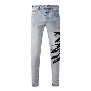 Fashion Hand Drawn Printed Men's Denim Pants Washed Light Blue Slim Fit Elastic Small Straight Leg Outdoor Casual Designer Style Jeans