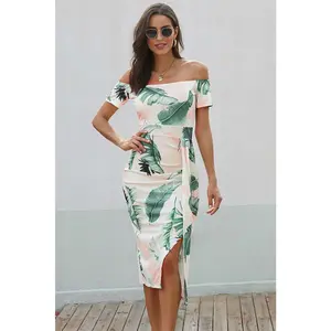 Printed Off-Shoulder Split Dress - Classy Midi Dress with Slit