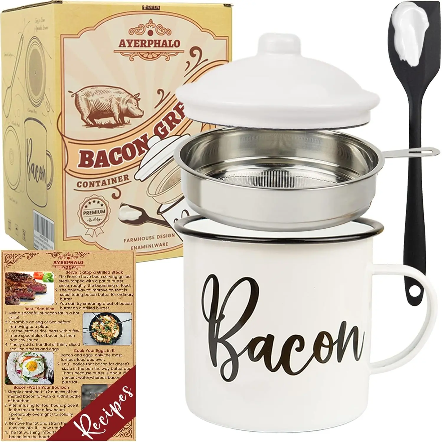 Bacon Grease Container with Strainer - With Food-Grade Silicone Spatula , 46oz Large Enamel Rustic Farmhouse Fat Container , Keeper , Recipes , Dishwasher Safe-ZENG