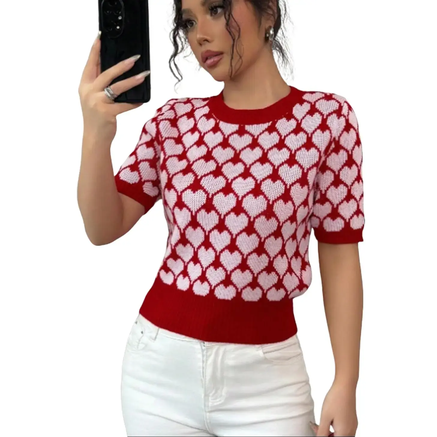 Women's Crew-Neck Colorblock Knit Top - Cute Chic Lightweight Short-Sleeve Heart-Print Casual Sweater with Contrast Binding for Spring, Fall Daily Outfits sohochic