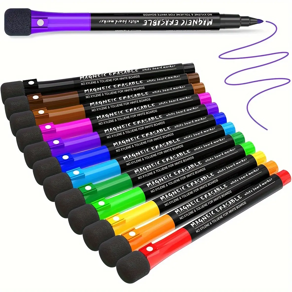 12 Color Fine Tip Magnetic Dry Erase Markers, Fine Point Markers, Rubber Cap, Whiteboard Pen, Ideal for Office Supplies, Drawing, Plastic Surfaces, Home and Office Use, Stationery Writing Tools