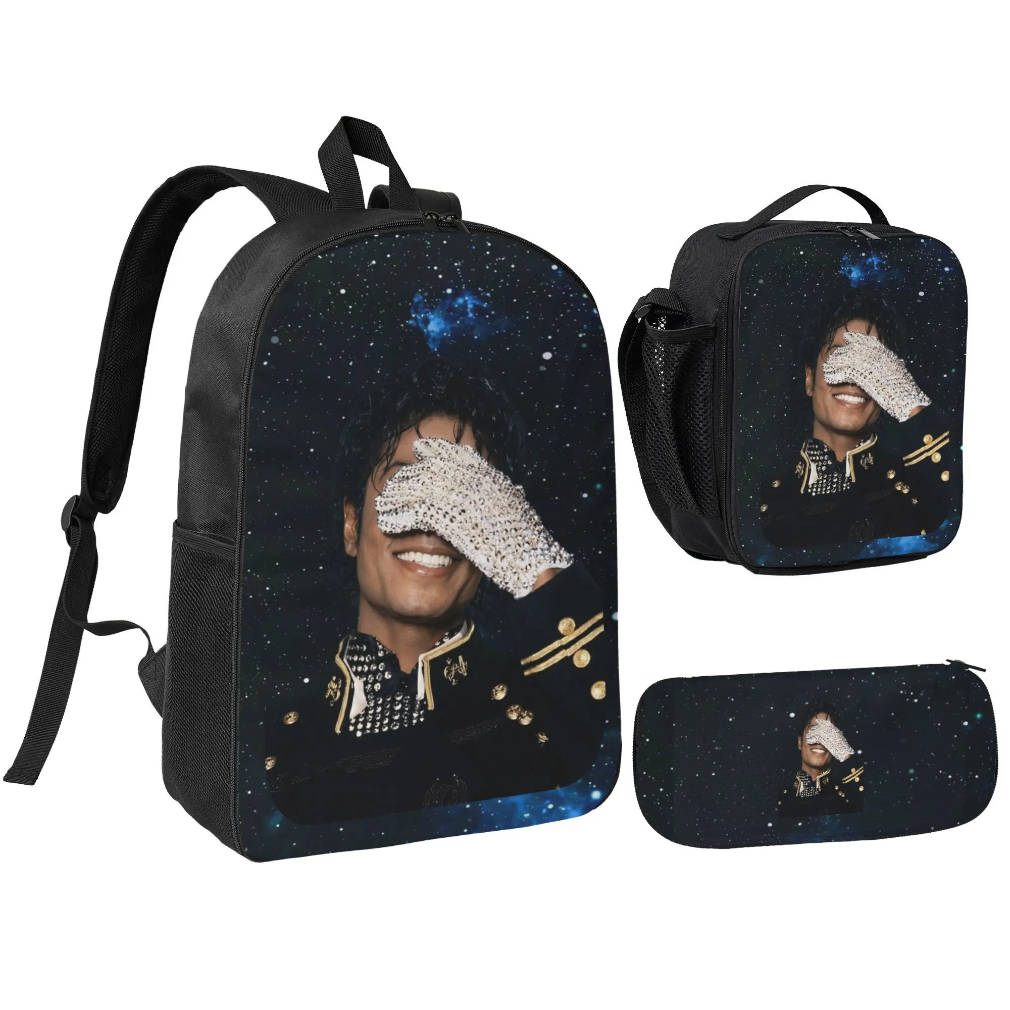 Michael Jackson MJ Galaxy Art 3-Pieces Backpack Set - Oxford Poly Casual Daypack, Insulated Lunch Bag, Large Size Pencil Pouch for Teen Pop Legend Fans (Sports & Outdoor Gym Bag Accessory)