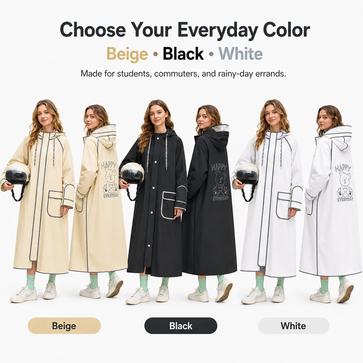 Women's Knee-Length Raincoat, Loose Plain Lightweight Waterproof Poncho for Daily Commutes, Travel & Cycling