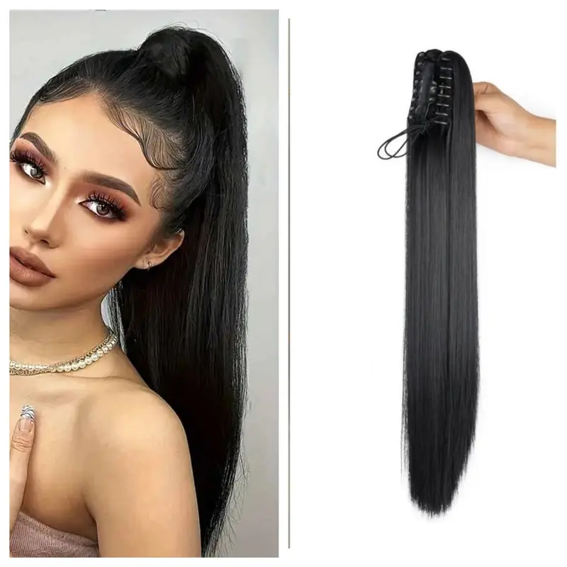 YWGYWG Female 26 In Silky Straight Ponytail Extension, Claw Attachment Synthetic Hairpiece, 200℃ Heat-Safe Bundles for Instant Ponytail Hairstyles, Jet Black Clip-In Hair Solutions
