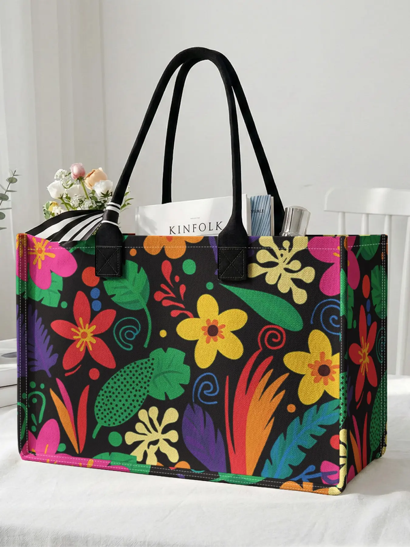 1 piece of 2D printed large-capacity storage bag with colorful floral pattern, Creative Design Bag, Casual Shopping Bag, sturdy handle, space-saving multi-purpose, suitable for school, business trips, shopping