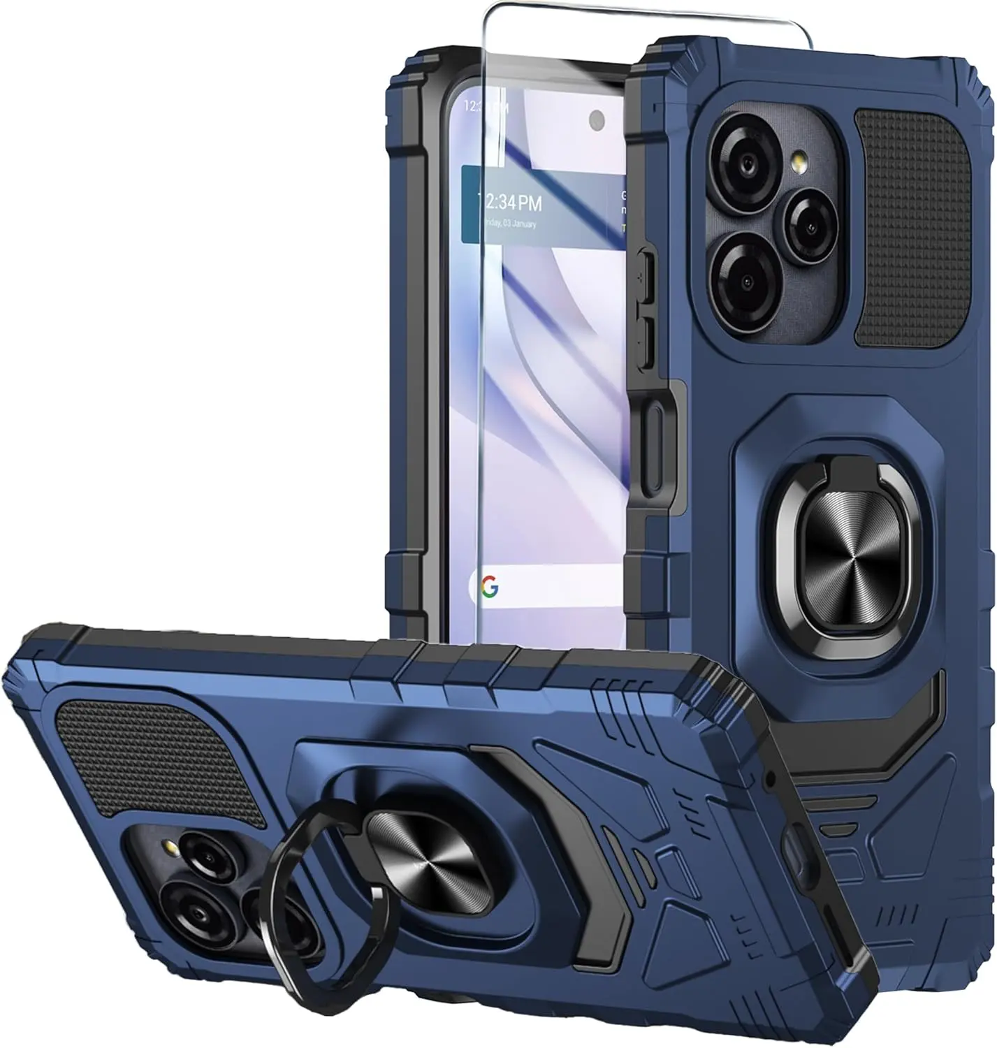 for BLU View Speed Ultra 5G Phone Case with Tempered Glass Screen Protector,Dual Layer Shockproof Protection Cover,with Ring Kickstand (Blue)