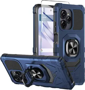 for BLU View Speed Ultra 5G Phone Case with Tempered Glass Screen Protector,Dual Layer Shockproof Protection Cover,with Ring Kickstand (Blue)