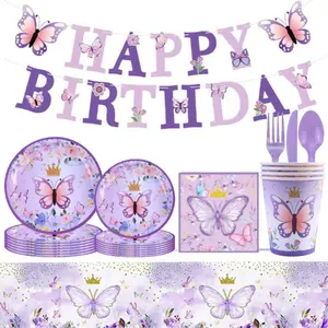 10 Pcs Purple Butterfly Themed Party Supplies Set with Paper Plates Cups Napkins Banners for Birthday Celebration Party Favor Packs