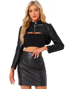 INSPIRE CHIC Women's Faux Leather Cropped Top Stand Collar Zipper Front Moto Biker Long Sleeve Jacket Coat