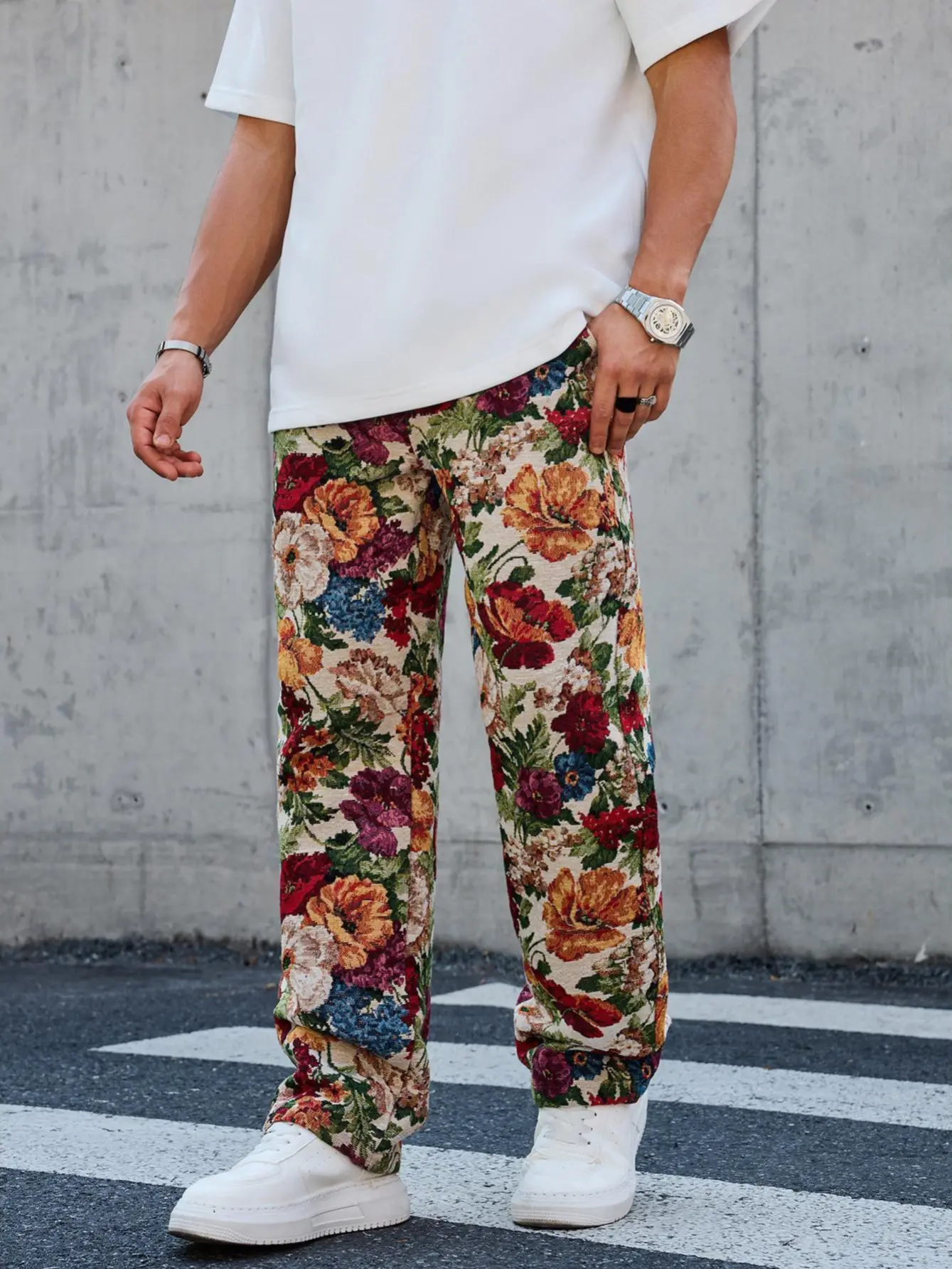 Men's Casual Wide-Leg Pants in a Stylish Floral Tapestry Print with a Standout Color Mix, Ideal for Fashion-Forward Outings, Menswear, Multicolor Print, Baggy Floral Men's Pants