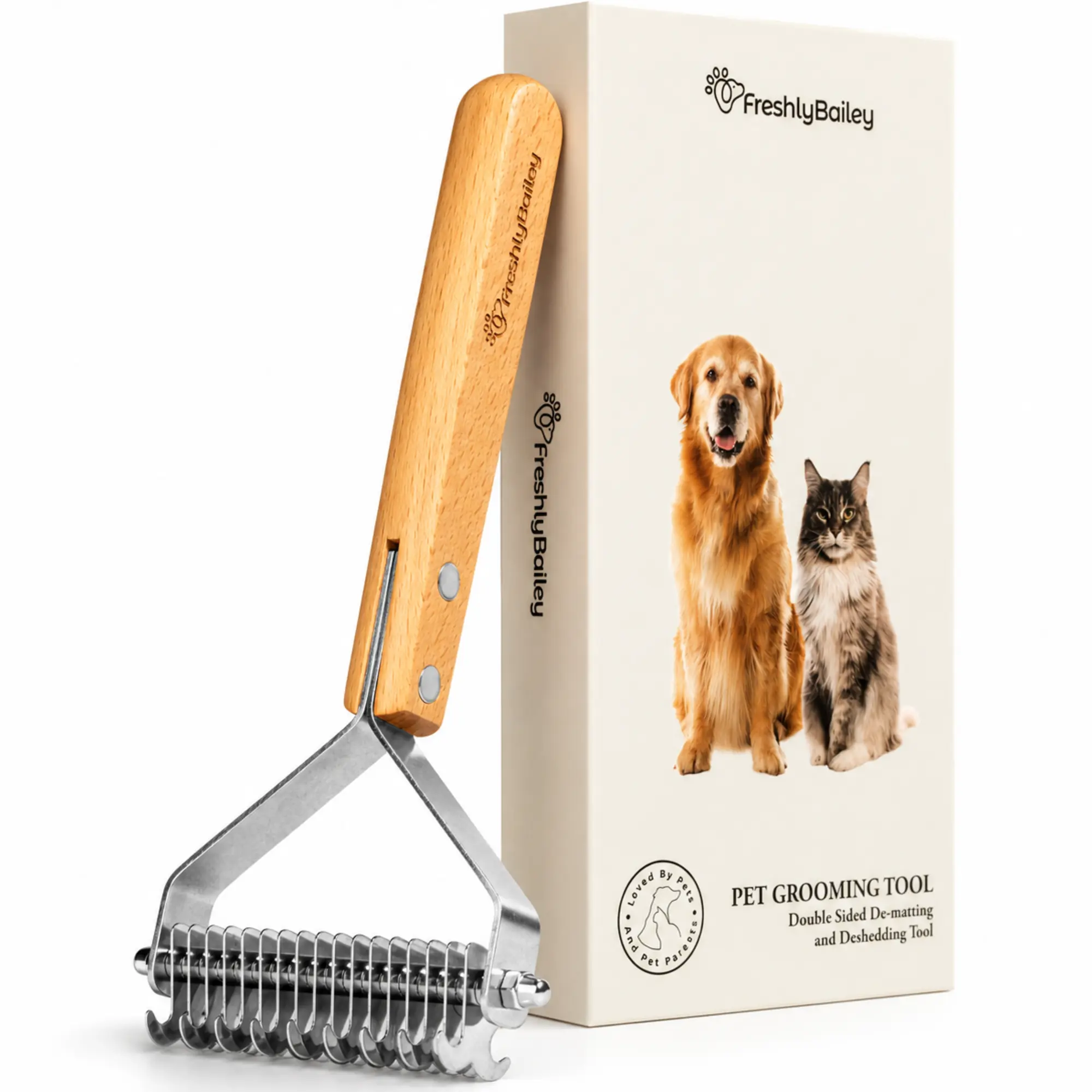 Freshly Bailey Double-Sided Steel Wood Dematting Tool & Shedding Grooming Brush for Dogs and Cats - Reduces Shed, Mat Remover Comb