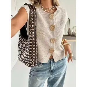Elegant women's loose knit vest with buttons, sleeveless round neck design, unique animal shaped details, creating a fashionable autumn lookRAIMENTRY