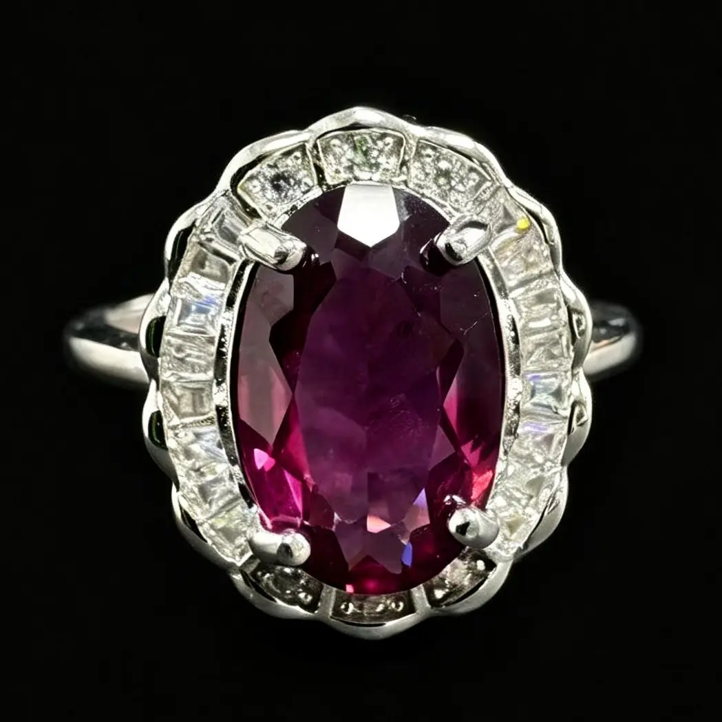 Natural Purple Garnet 925 Sterling Silver Adjustable Ring, Oval Gemstone Halo Statement Ring