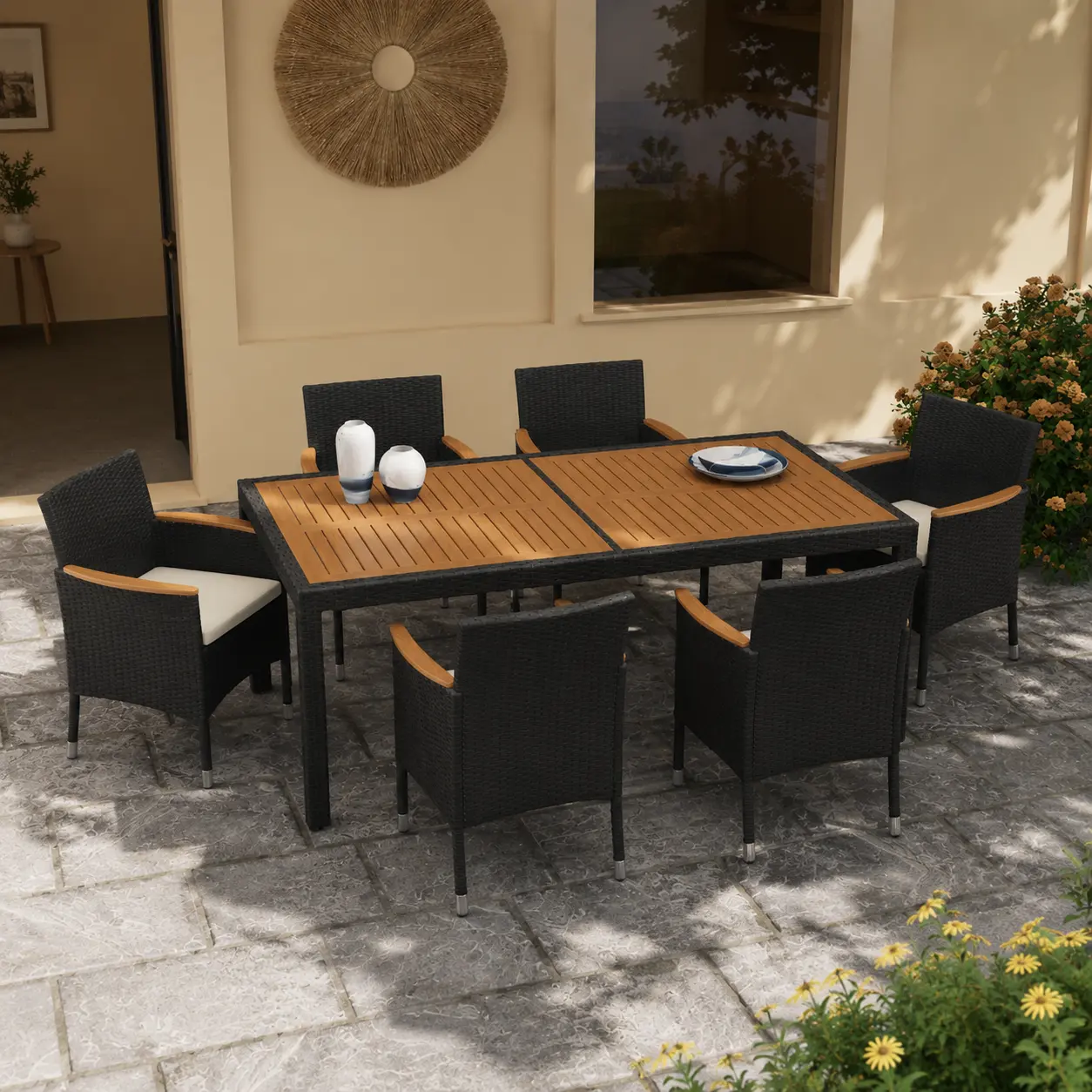 【3 Packages】Costoffs 7-Piece Modern Outdoor Furniture Set - Wooden Table, 6 Rattan Armchairs (300lb Capacity Each), Patio Conversation Set for Patio, Backyard, Modern Patio Set