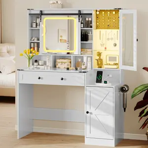 Small Space Vanity,Makeup Vanity Desk with Sliding Mirror and Lights, Farmhouse Vanity Table Set with Power Outlet & RGB Cabinet, Dressing Table with Storage Drawers & Shelves for Kids Girls Women Bedroom, White