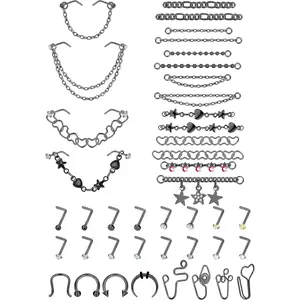 Sanfenly 38Pcs 20G Unisex Stainless Steel Body Jewelry Set - Rhinestone Nose Studs with Steel Chain, Septum Hoop, Septum Clicker Ring, Nose Rings Hoops