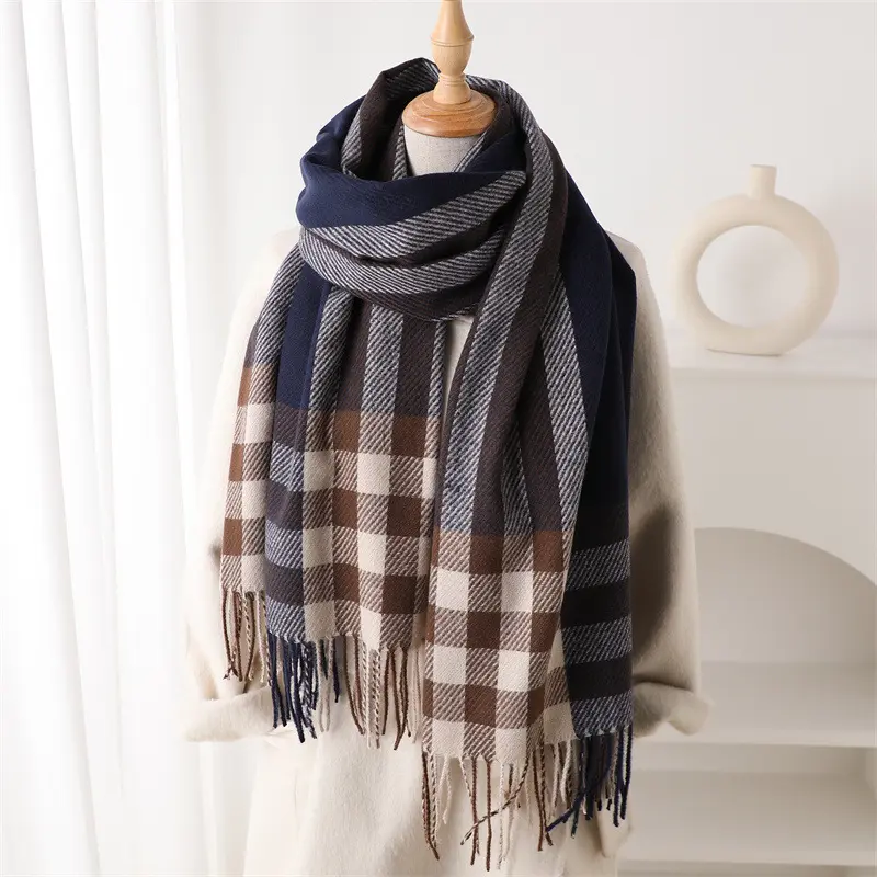 Modern Plaid Color-Blocked Cashmere Knitted Shawl Scarf, Warm Fringed Autumn-Winter Accessory, High-End Versatile Fashion Piece, Knitted Scarf