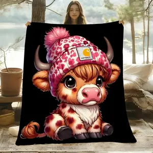 Cute Highland Cow Flannel Blanket, Soft and Warm, Ideal for Naps, Camping, Travel, All-Season Gift