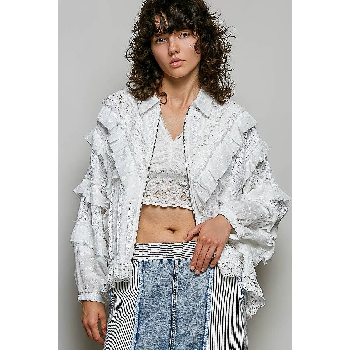 Eyelet Ruffle Floral Trim Lace Zip-Up Jacket