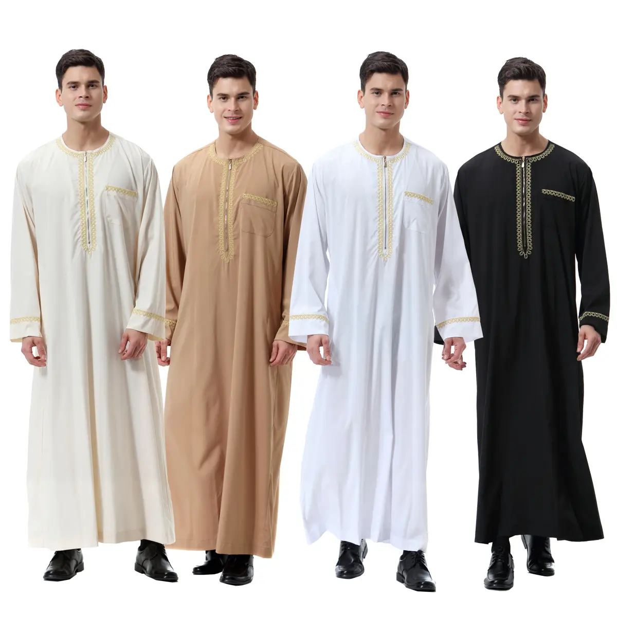Men's Islamic 100% Polyester Robe, Long-Sleeved Round Collared Neck, Ruffled Pockets, Zipper Closure, Loose Fit, Comfortable Elegant Versatile All-Seasons Modest Traditional Thobe Abaya