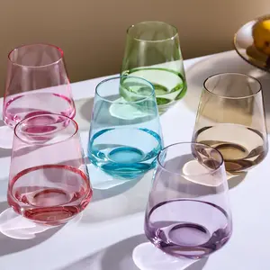 Physkoa Colored Stemless Wine Glasses Set of 6-17 oz Hand-Blown Crystal Colored Glassware with no Stem, Multicolor Wine Glass   Drinkware