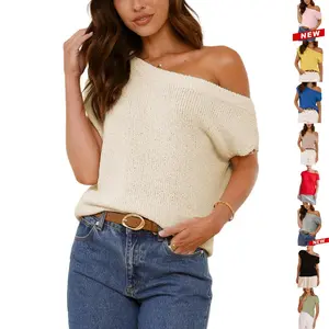 Yeokou Womens Off Shoulder Sweater Y2K Short Sleeve Ribbed Knit Pullover Date Night Top Blouse Womenswear Soft