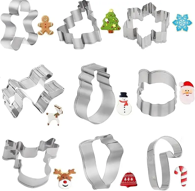 9PCS Cookie Cutters, Biscuit Cutter, Stainless Steel Gingerbread Man, Christmas Tree, Elk, Snowman, Snowflake, Santa Claus, Stockings,Candy Cane Cookie Cutters for Biscuit, Fondant (Style 1)